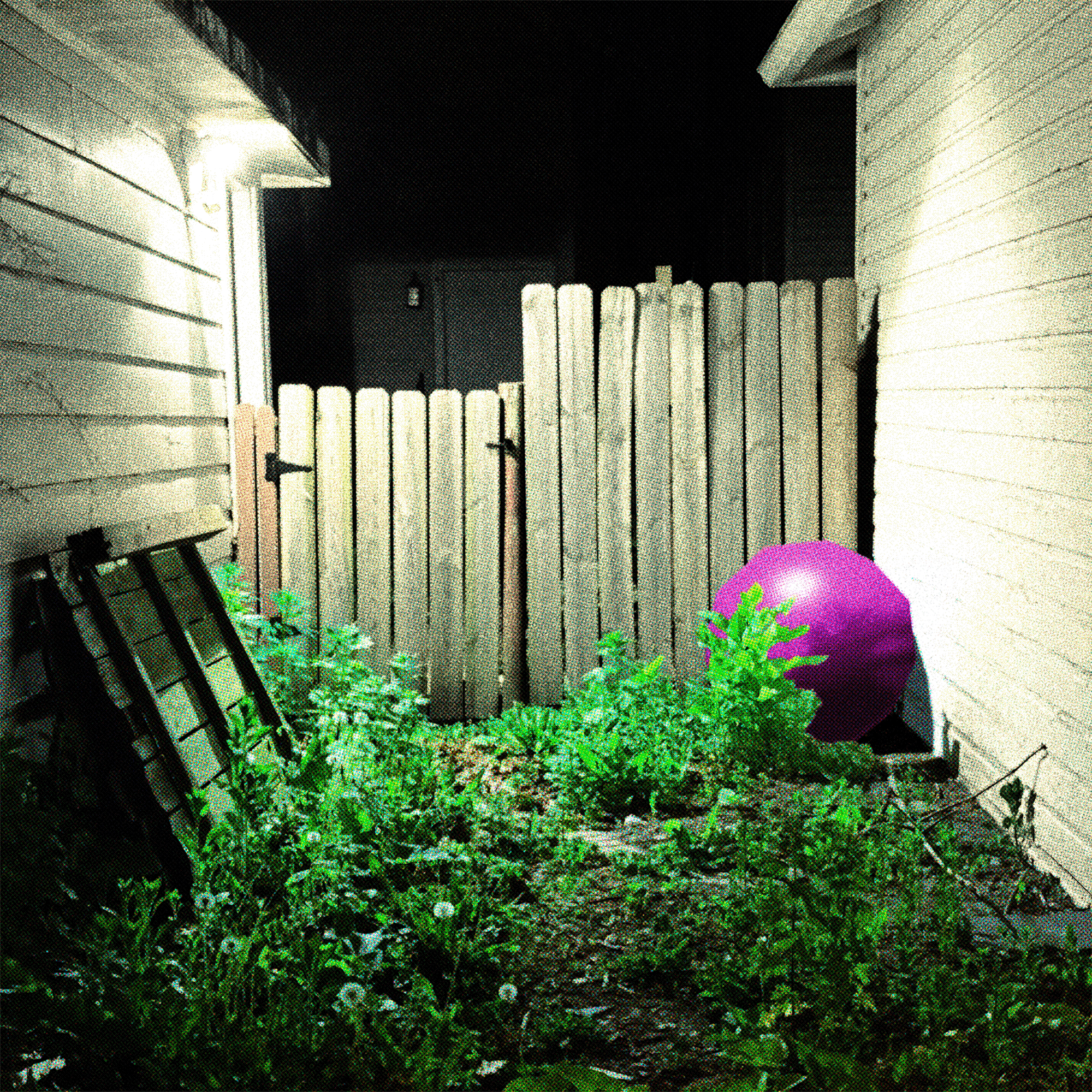 Hazel Cat's cover art for debut ep MultiMix 8, features a grassy patch between garages and fences with a low-poly pink sphere in the corner.