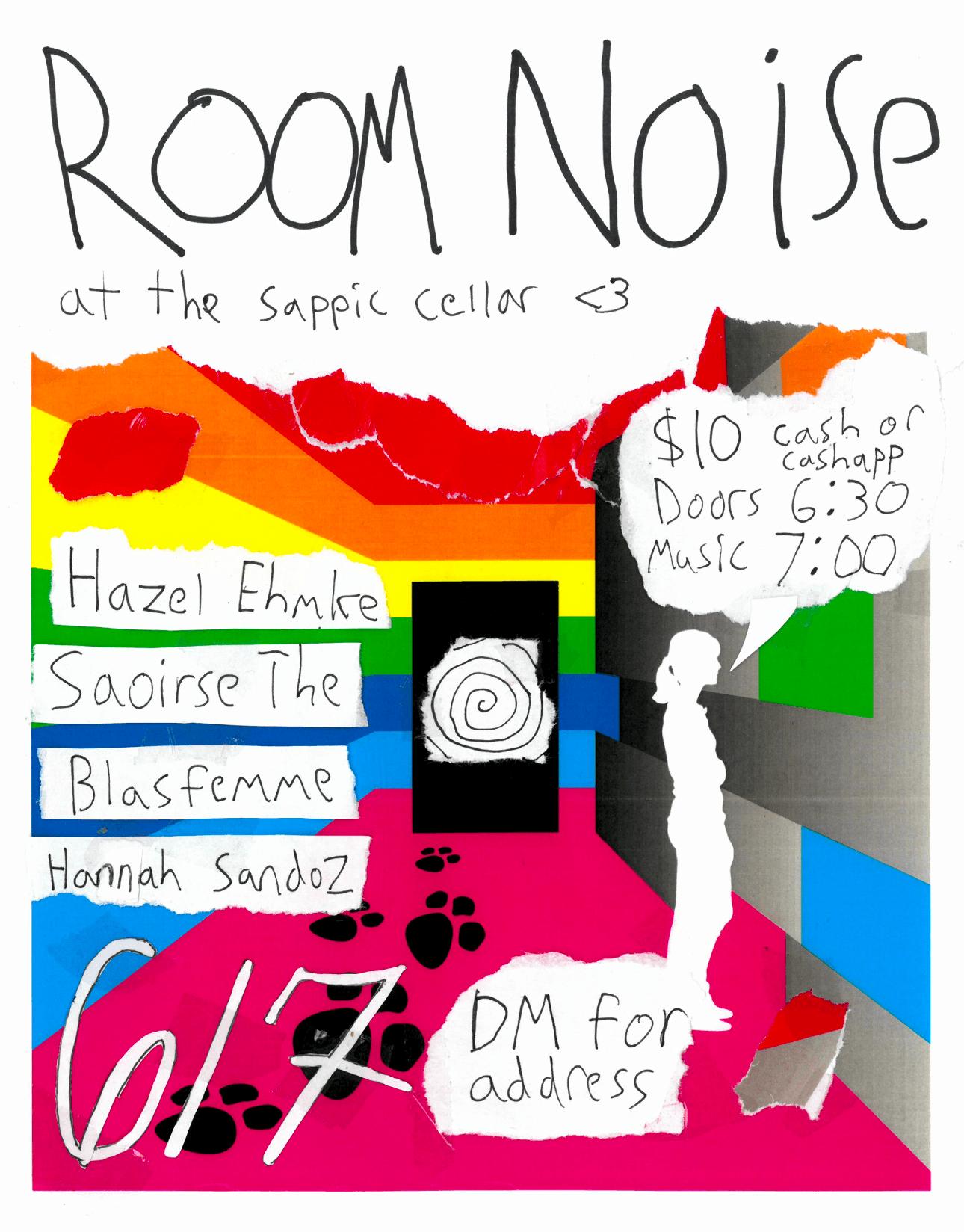 Promo flyer for the Room Noise house show at the Sapphic Cellar